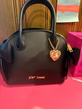 Betsey Johnson Black Dome Satchel with Heart Charm